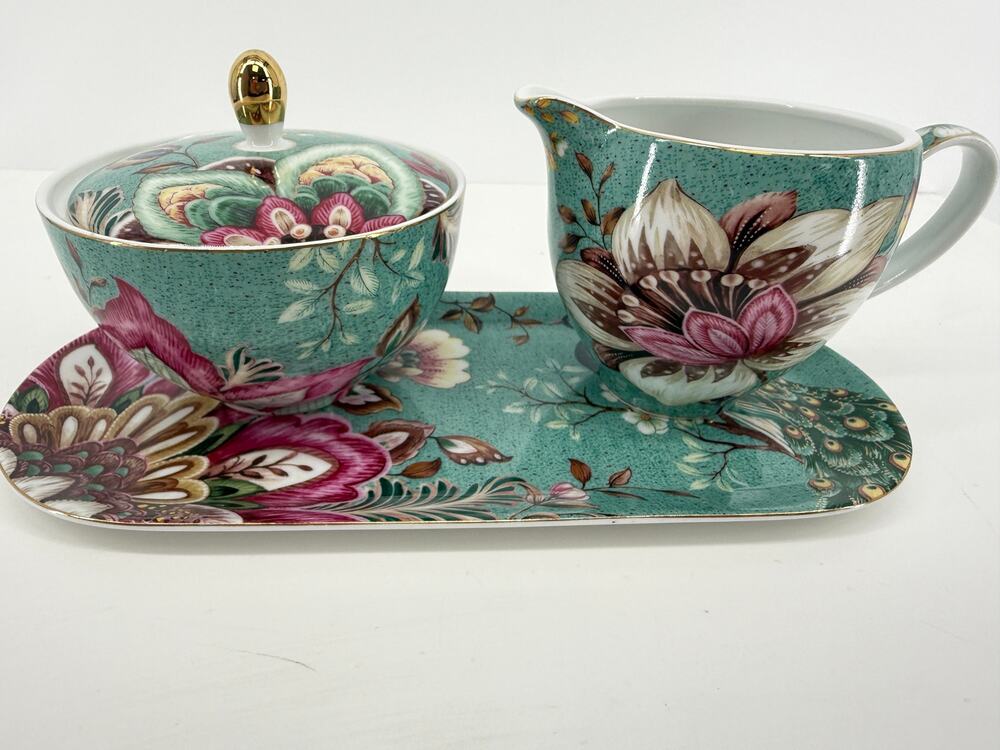 Grace Teaware Peacock Floral Cream Sugar Tray Set Maximalist Cottagecore